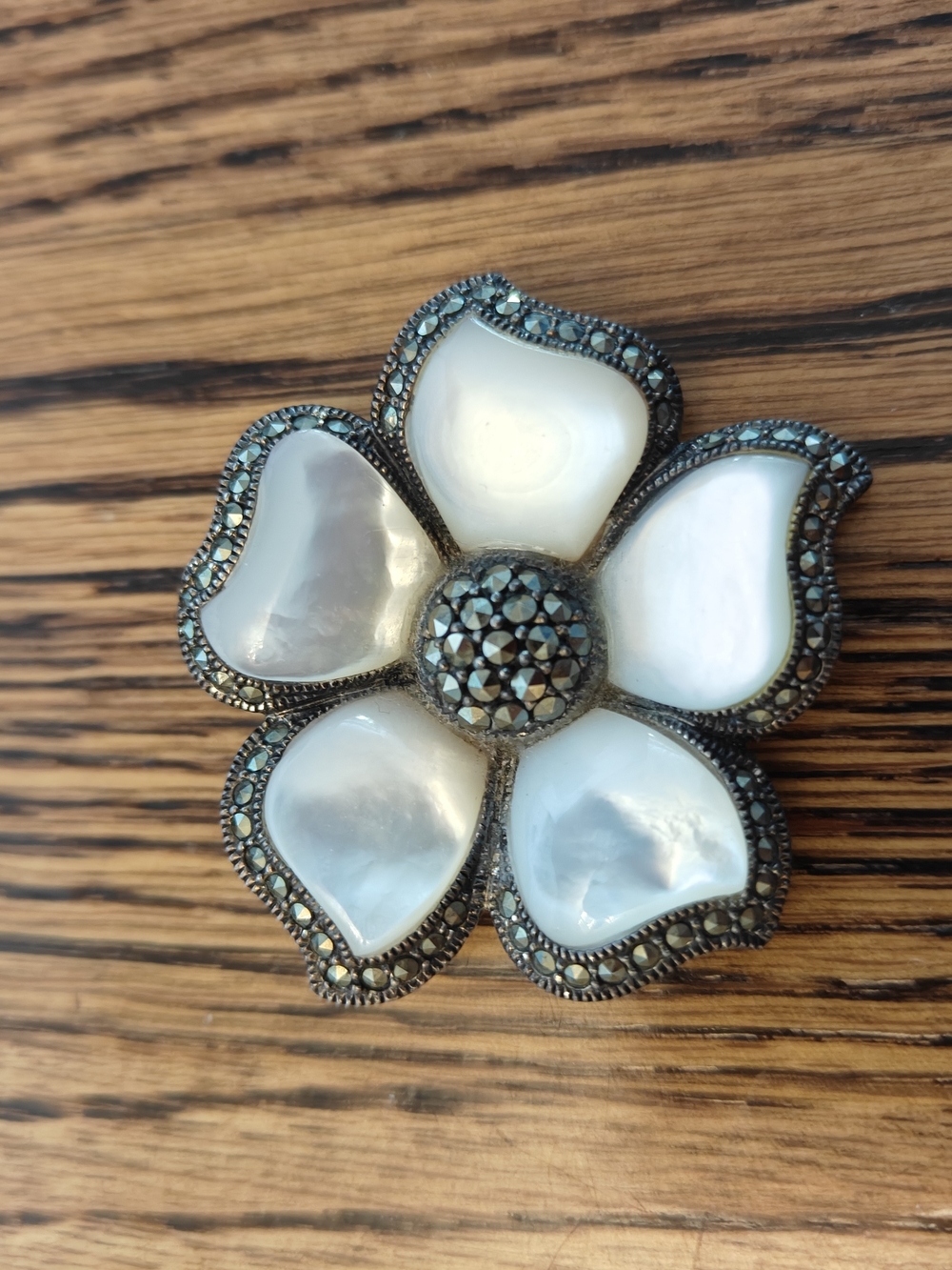 Vintage five-petal flower brooch mother-of-pearl accented with marcasite
